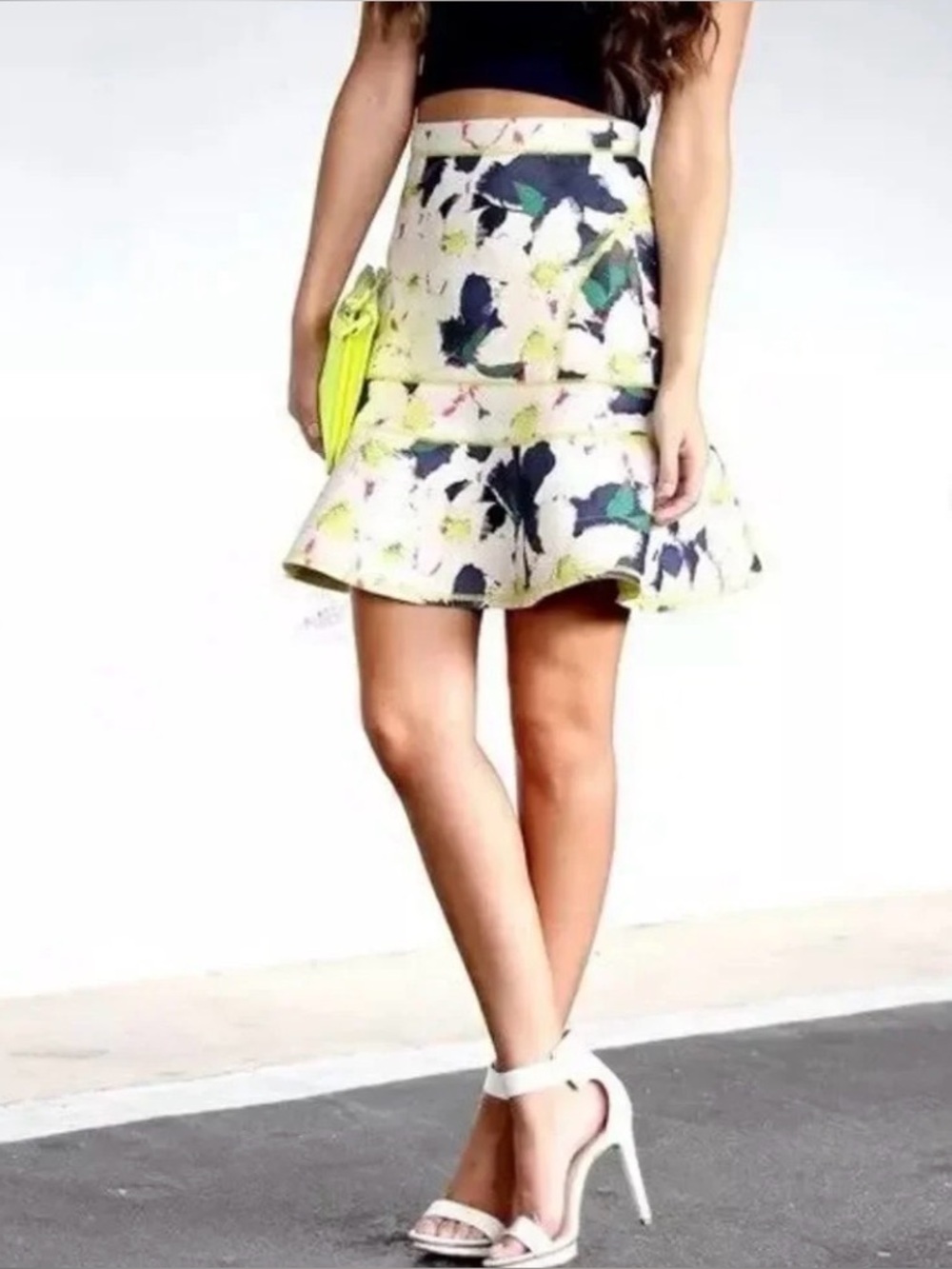 J. Crew Chartreuse Pink Cream And Black Floral Scuba Fabric Flirty Skirt Size 8